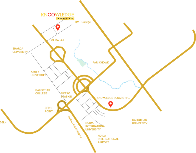 Location map showing Knowledge Square relative to Noida International Airport, the metro, and Greater Noida's university corridor